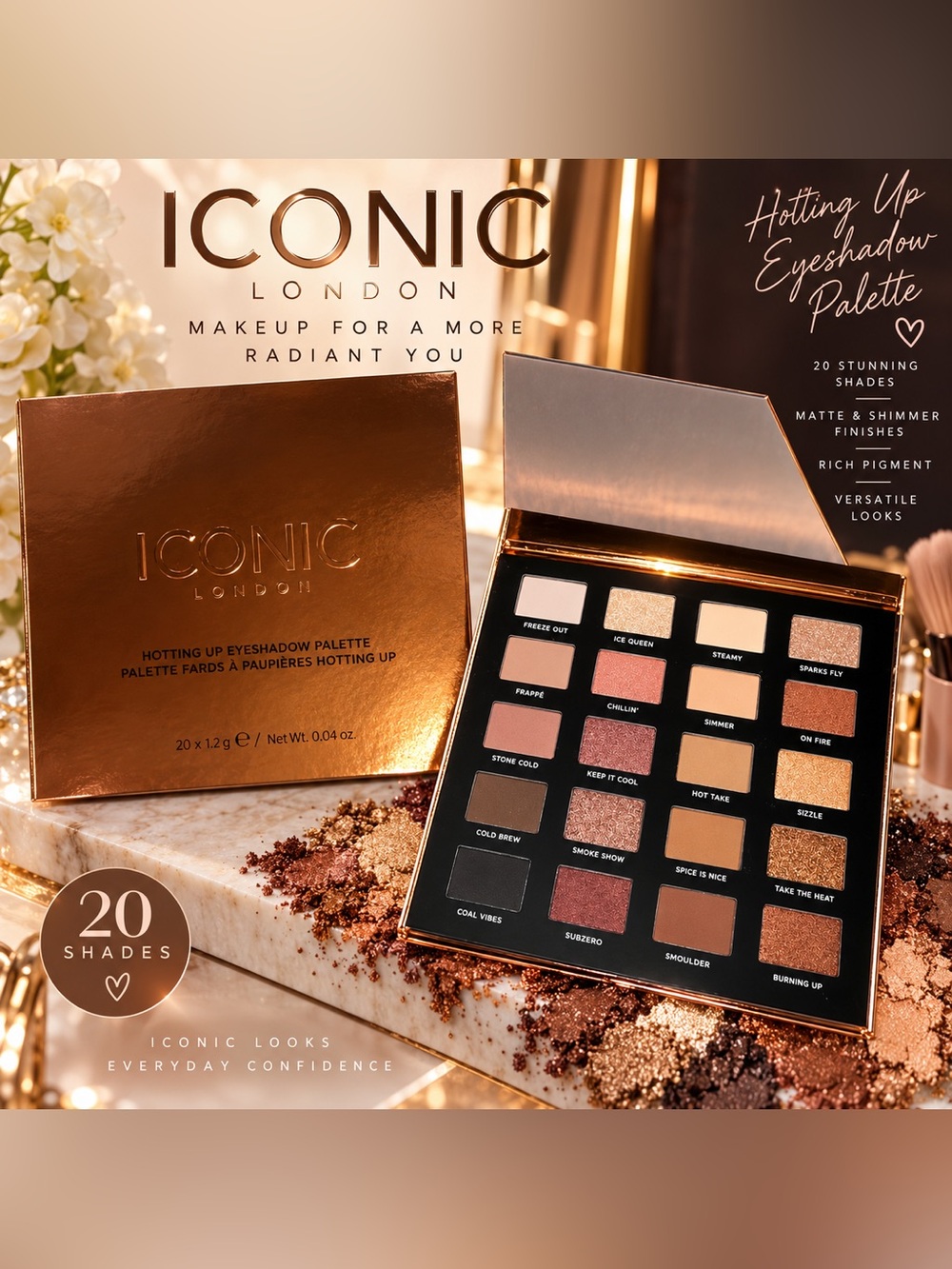 ICONIC London Hotting Up Eyeshadow Palette 20 Shades Rose Gold Nude